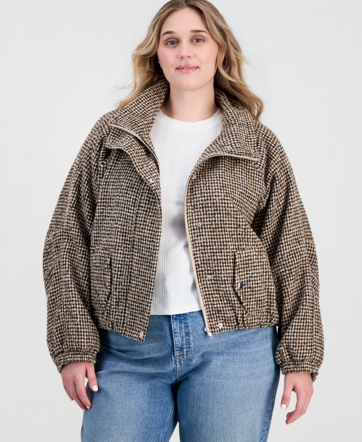 On 34th Plus Size Plaid Cropped Puffer Jacket, Macy's Exclusive In Brown