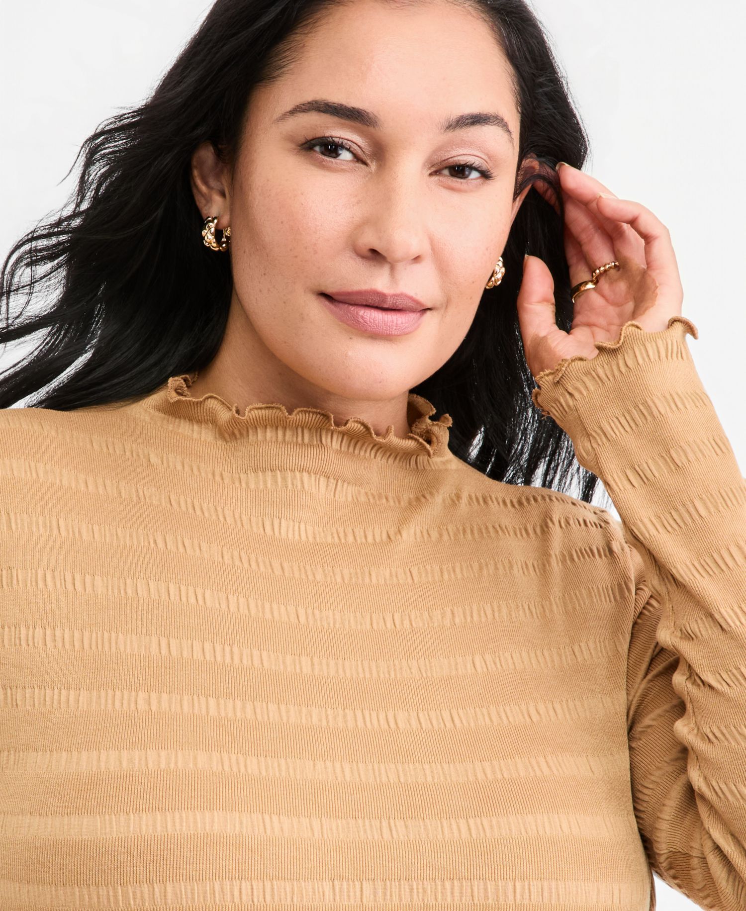 Plus Size Long-Sleeve Funnel Neck Puckered-Rib Top