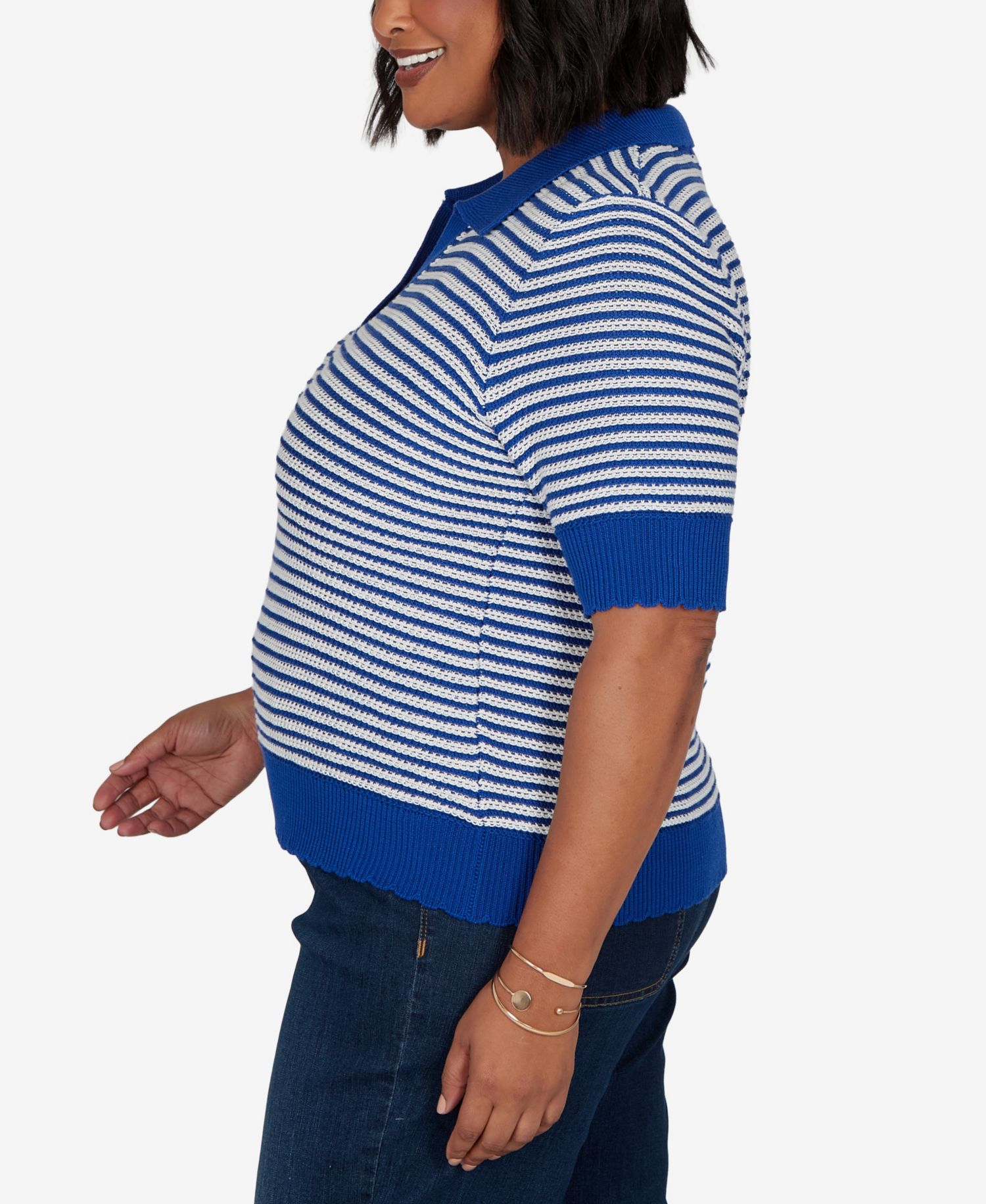 Plus Size Two-Tone Collared Elbow-Sleeve Sweater
