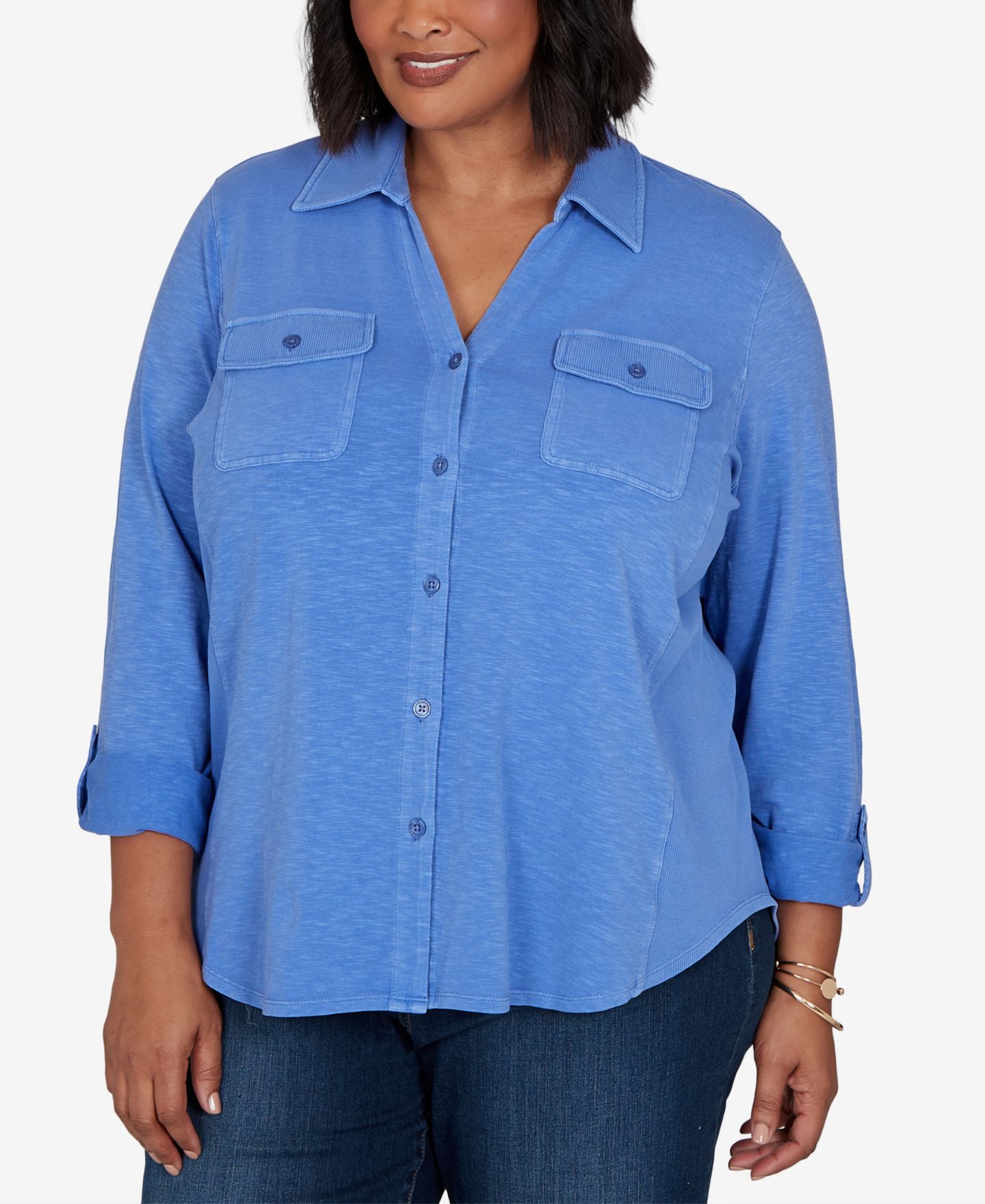 Женский топ Ruby Rd. Plus Size Rib Trim Button-Front Knit, цвет: Blubird — фото 2