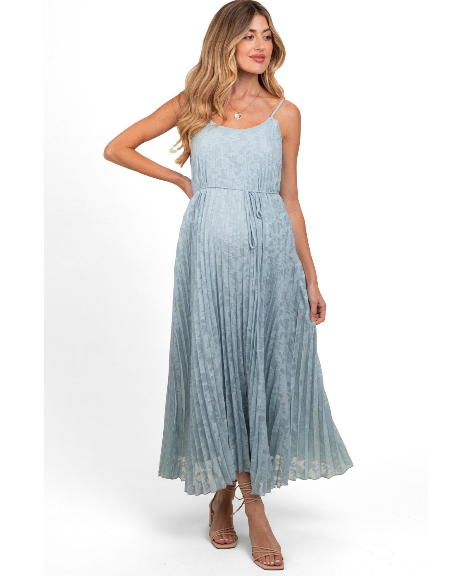 Women's Light Blue Floral Pleated Maxi Dress