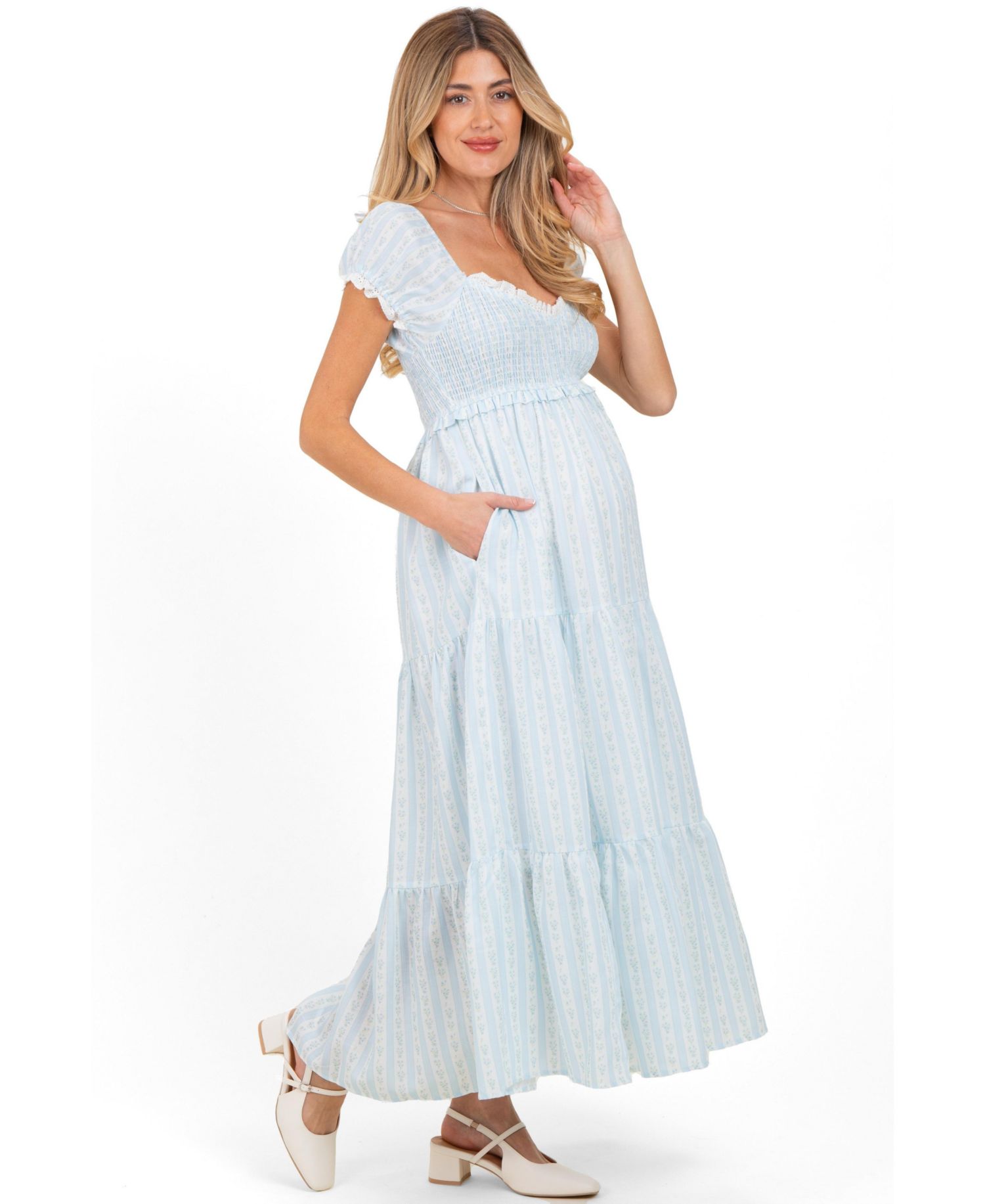 Women's Light Blue Floral Lace Trim Tiered Maxi Dress