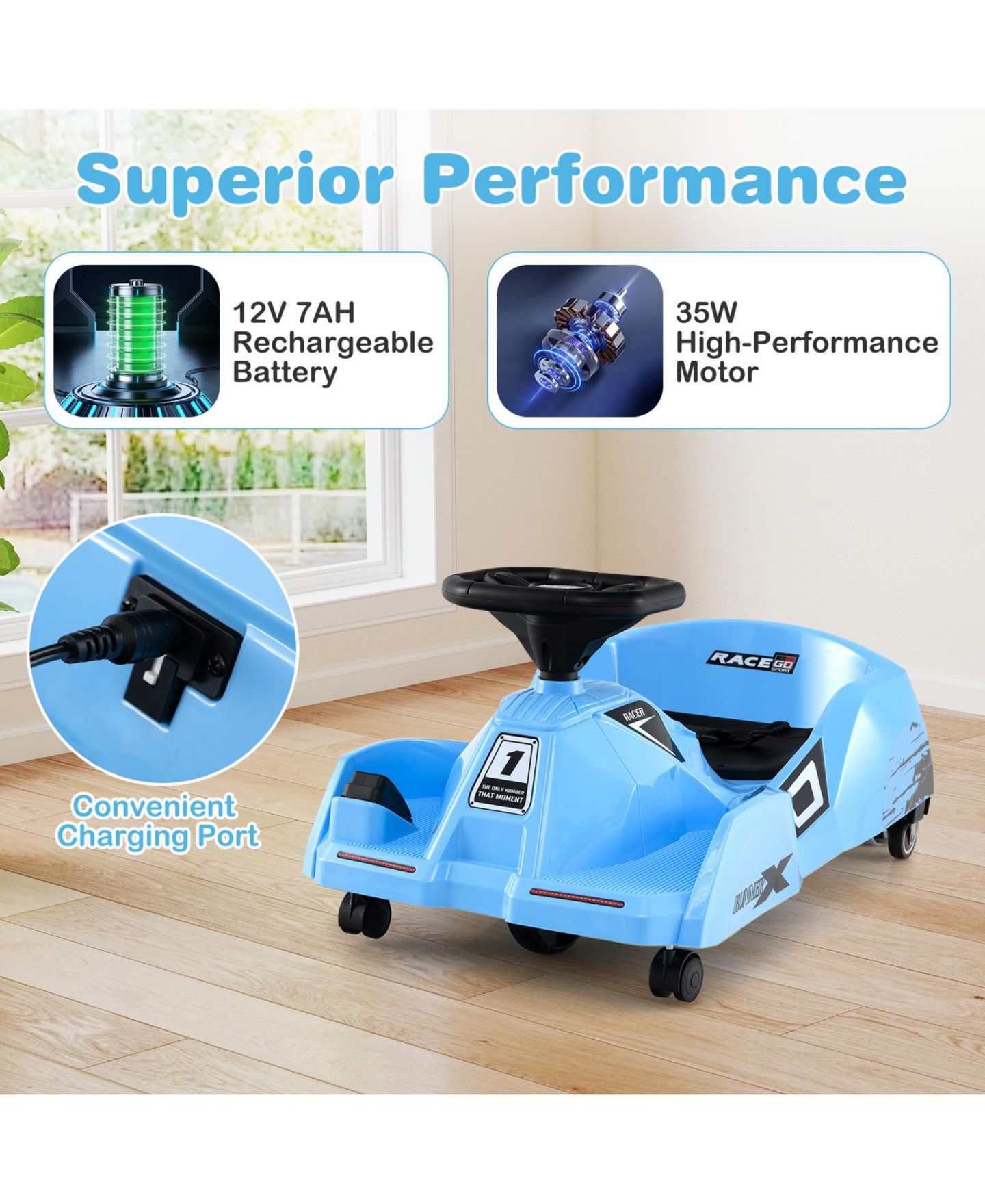 Детская игрушка Slickblue 12V Kids Go Kart Ride-On with Cleaning Mop and Remote Control, цвет: Синий — фото 2