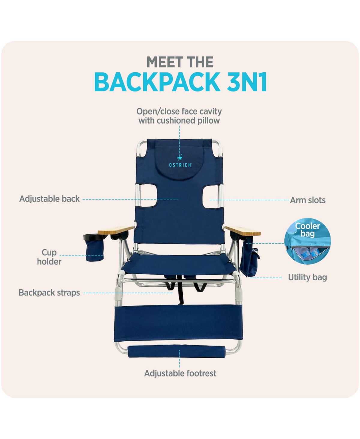 Ostrich The Woody Backpack 3N1 Chair Cooler Bag and Reclining Lounger