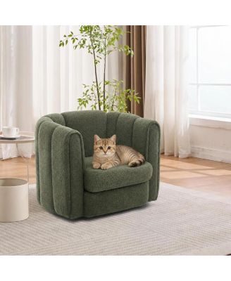 360degree(s) Swivel Barrel Chair, Mid-Century Modern Teddy Fleece Accent Chair with Striped Backrest for Living Room, Bedroom, Office