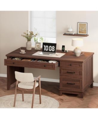 Farmhouse Home Office Desk with File Cabinet, 4 Drawers and Built-In Power Outlet, Executive Work Desk for Home Office