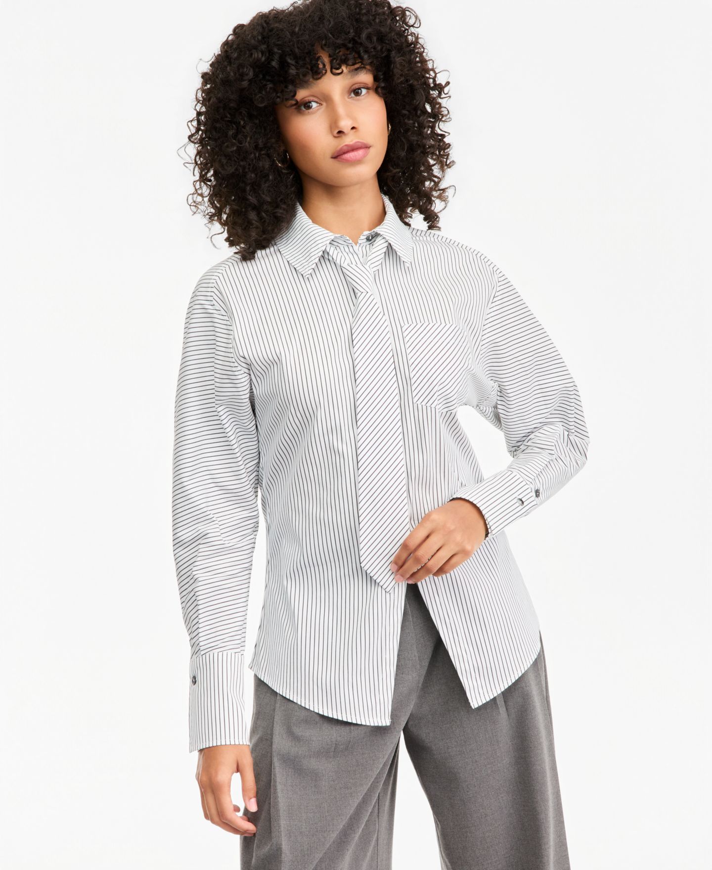Женская рубашка Bar III Poplin Point-Collar Tie, цвет: Белый комбинированный — фото 1