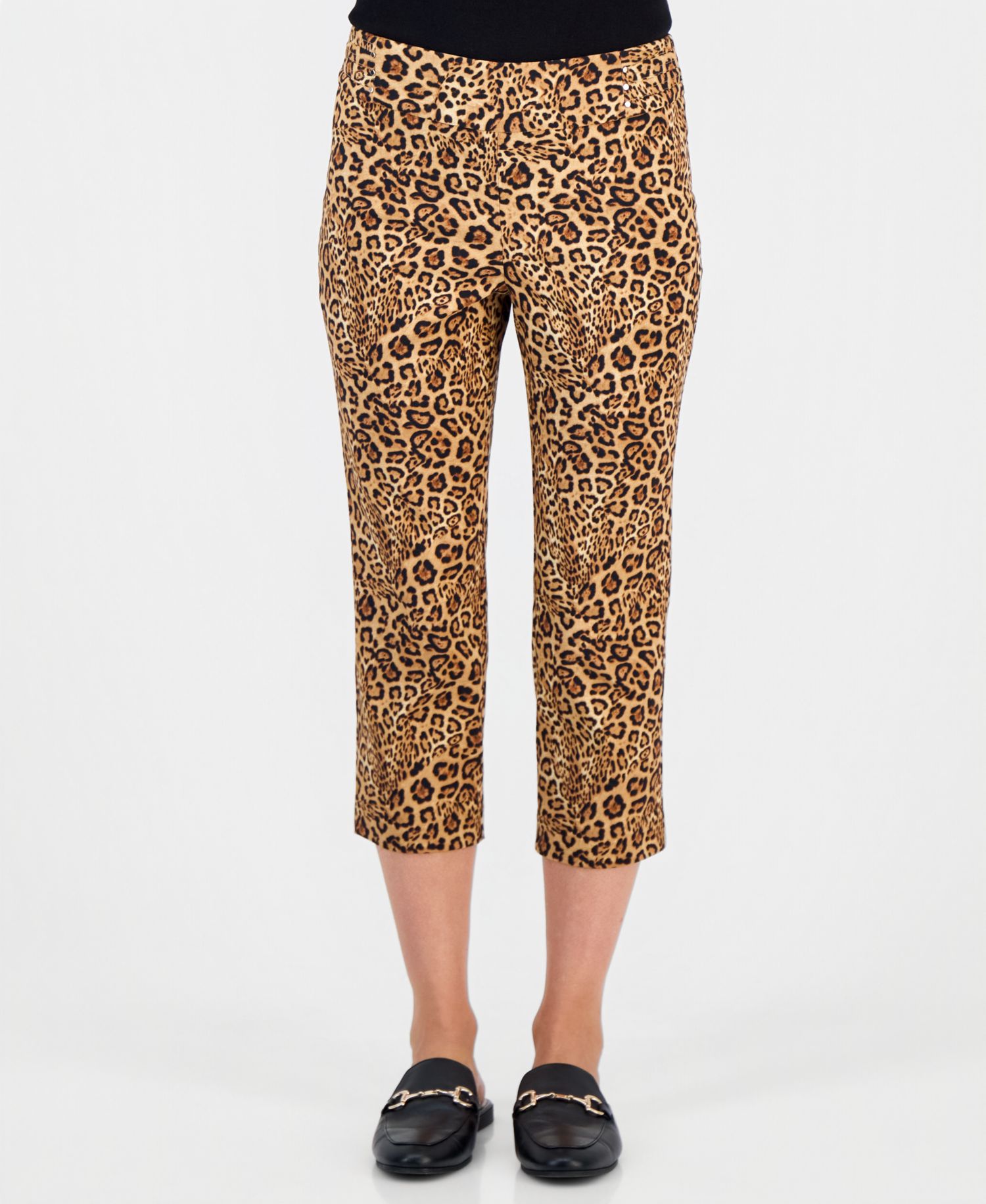 Petite Leopard Rivet High-Waisted Pull-On Capris