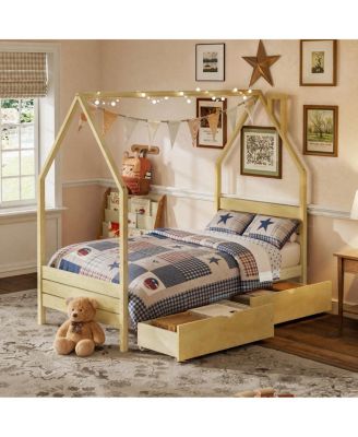 Montessori Twin House Bed Frame with 2 Storage Drawers, Natural Wood