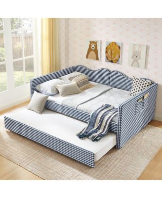   Gingham Upholstered Full-Size Daybed with Trundle and Side Storage Pocket