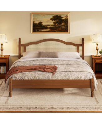 Wooden Platform Bed with Rattan Headboard