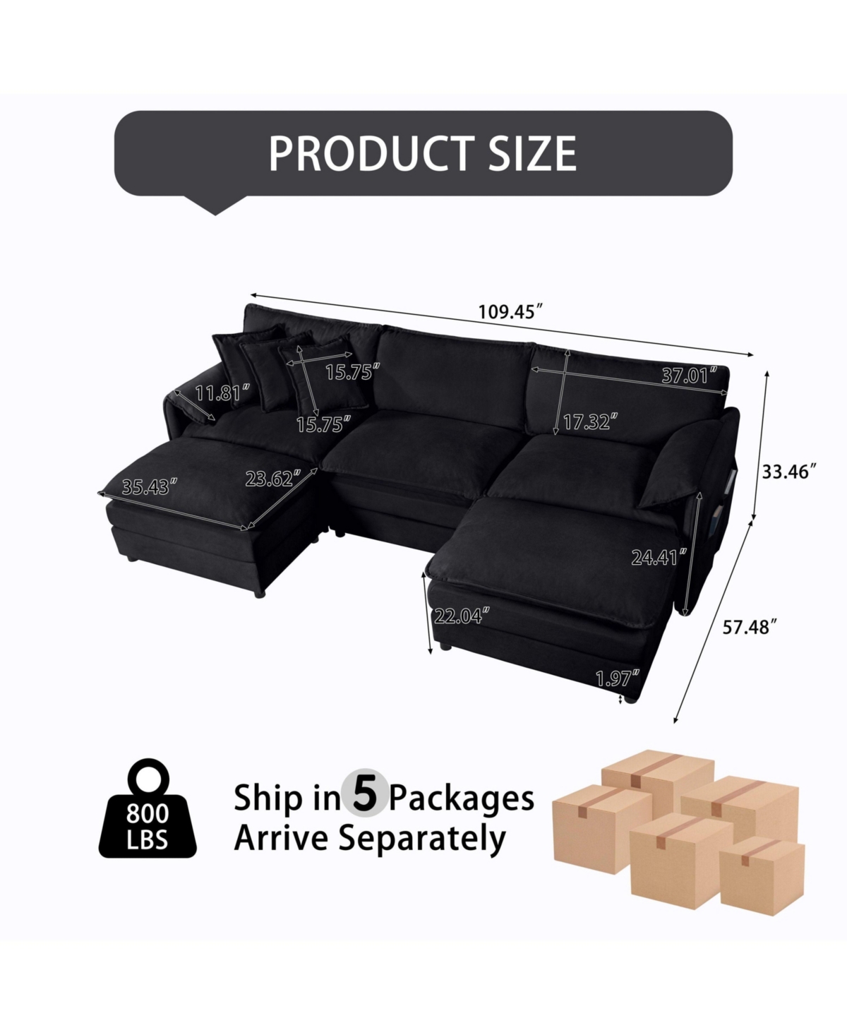 Clihome Modular Sectional Sofa, Oversized Deep Seat U Shaped Couch Set for Living Room, 3-Seater Comfy Cloud Couches with 2 Movable