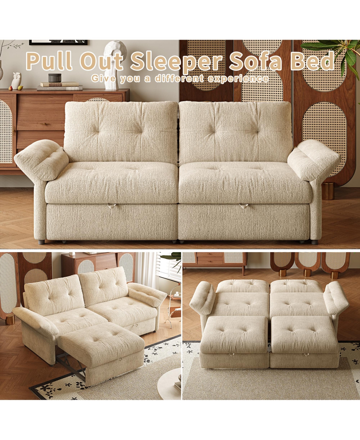 Boyel Living 81.5" Chenille Convertible Sofa Bed, 2-in-1 Pull Out Couch with Solid Wood Frame, 600 lbs Capacity