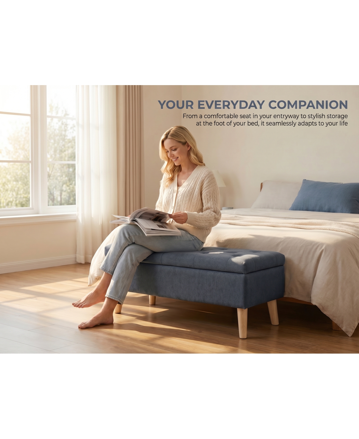 Streamdale Furniture Wide Upholstered Storage Ottoman Bench with Built-in Tray