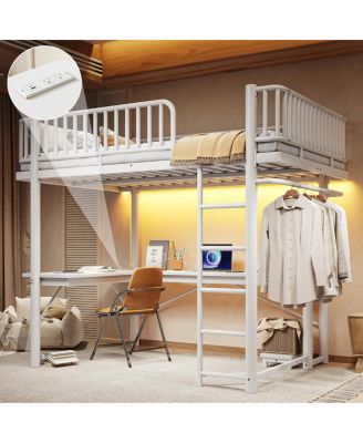 Full Loft Bed with L-Shaped Desk, LED Lights, and Charging Station