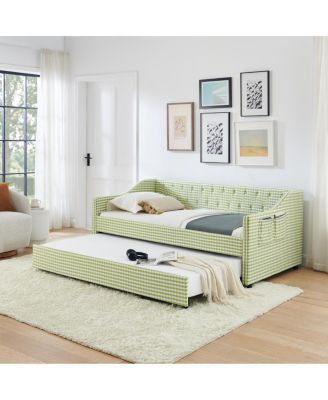  Upholstered Twin Daybed with Trundle, Side Storage and Tufted Backrest