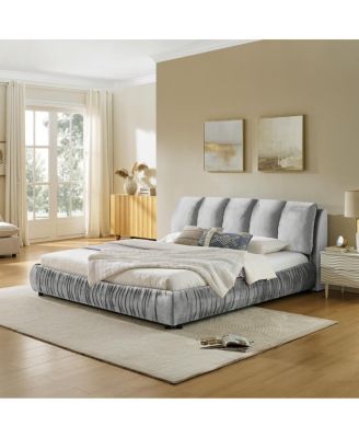 King Size Upholstered Bed Frame, Modern Minimalist Velvet Bed with Plump Headboard