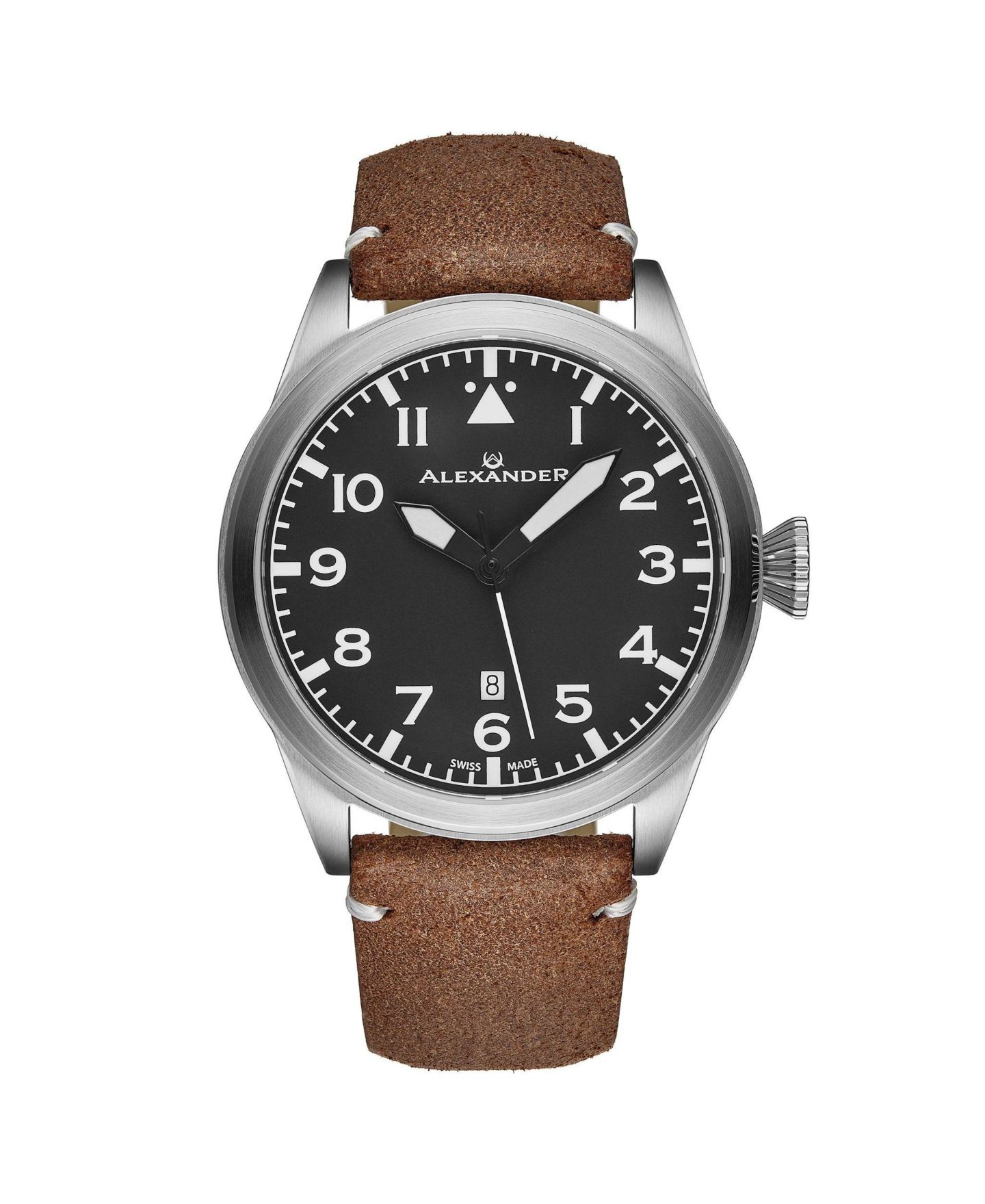 Мужские часы Alexander Swiss Made Aviator A601.02 Quartz Watch with Dial, Suede Leather Strap, Sapphire Crystal, 42mm, цвет: Коричневый — фото 1