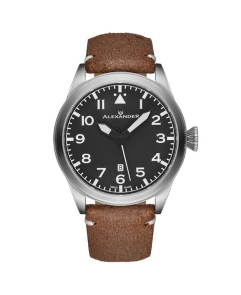 Мужские часы Alexander Swiss Made Aviator A601.02 Quartz Watch with Dial, Suede Leather Strap, Sapphire Crystal, 42mm, цвет: Коричневый
