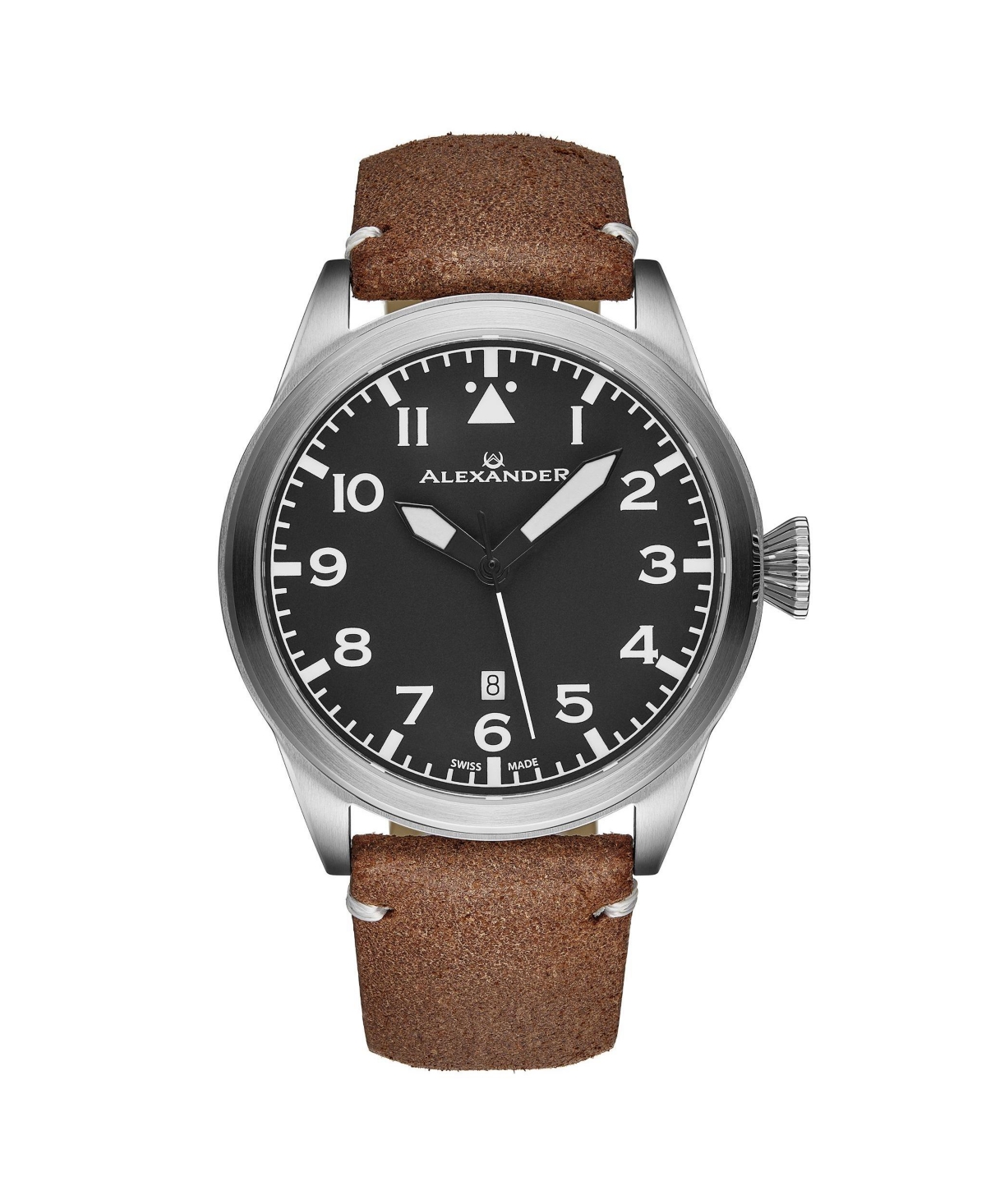 Alexander Men's Swiss Made Aviator A601.02 Quartz Watch with Dial, Suede Leather Strap, Sapphire Crystal, 42mm