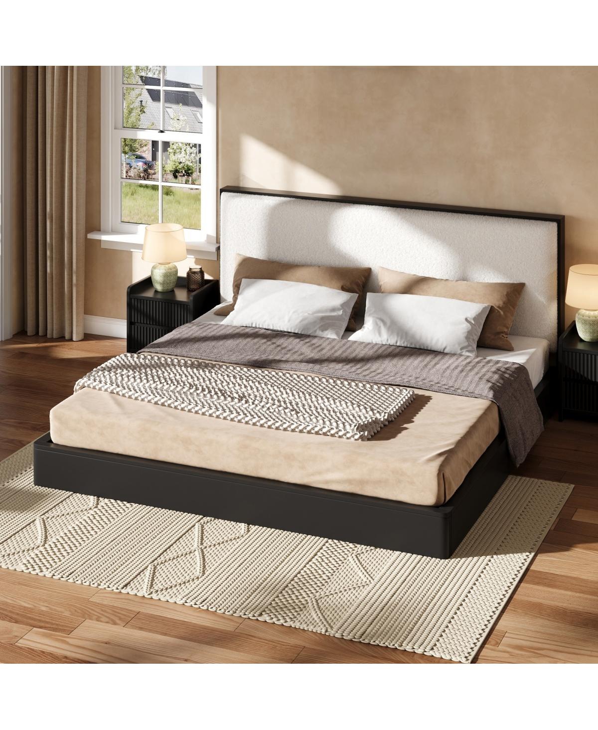 Streamdale Furniture Solid Wood King Platform Bed with Boucle Upholstered Headboard
