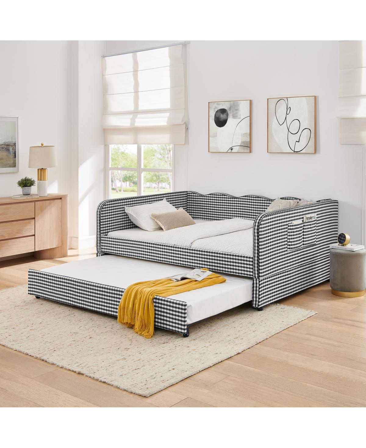 Streamdale Furniture Gingham Upholstered 3-in-1 Convertible Daybed with Trundle and Storage