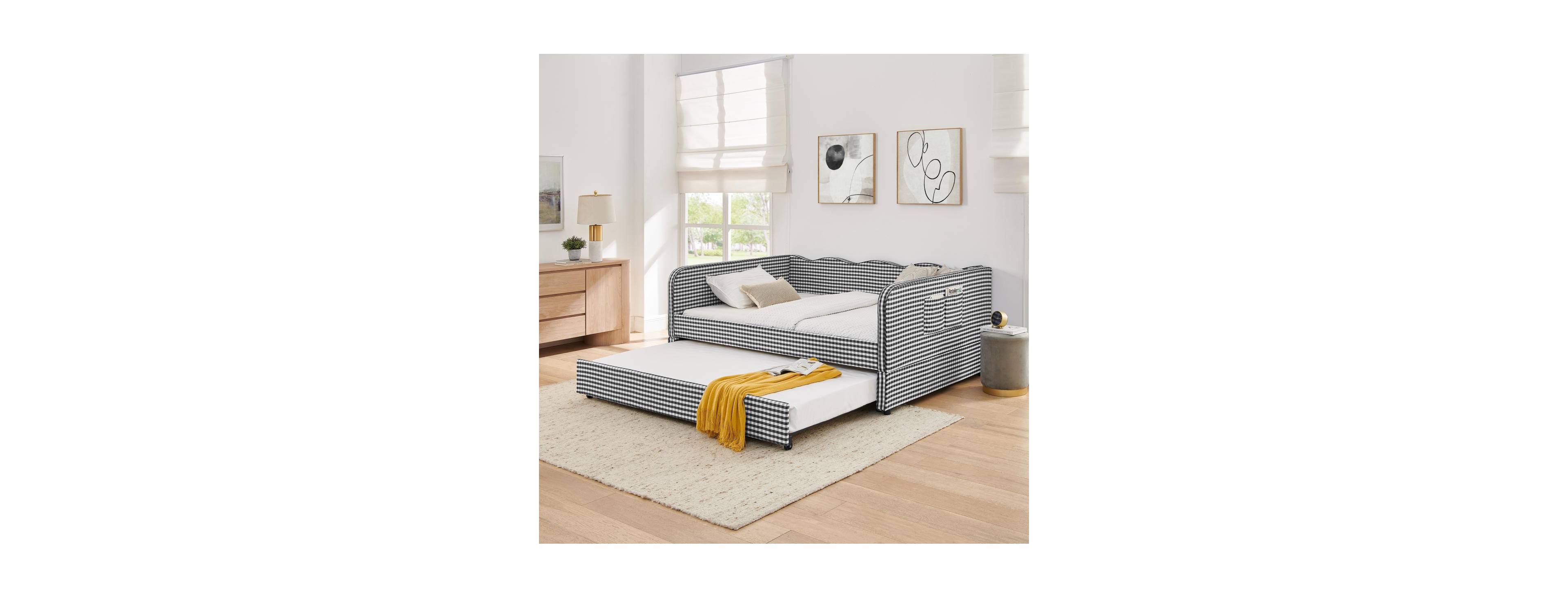 Streamdale Furniture Gingham Upholstered 3-in-1 Convertible Daybed with Trundle and Storage
