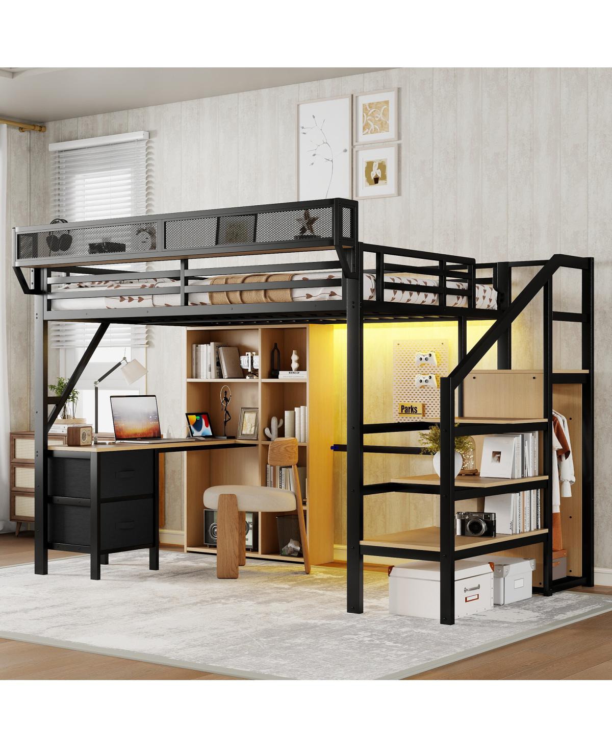 Streamdale Furniture Full Size Loft Bed with Desk, Charging Station, Storage and Led Lights