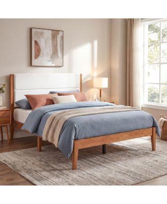 Mid-Century Modern Queen Platform Bed with Upholstered Headboard