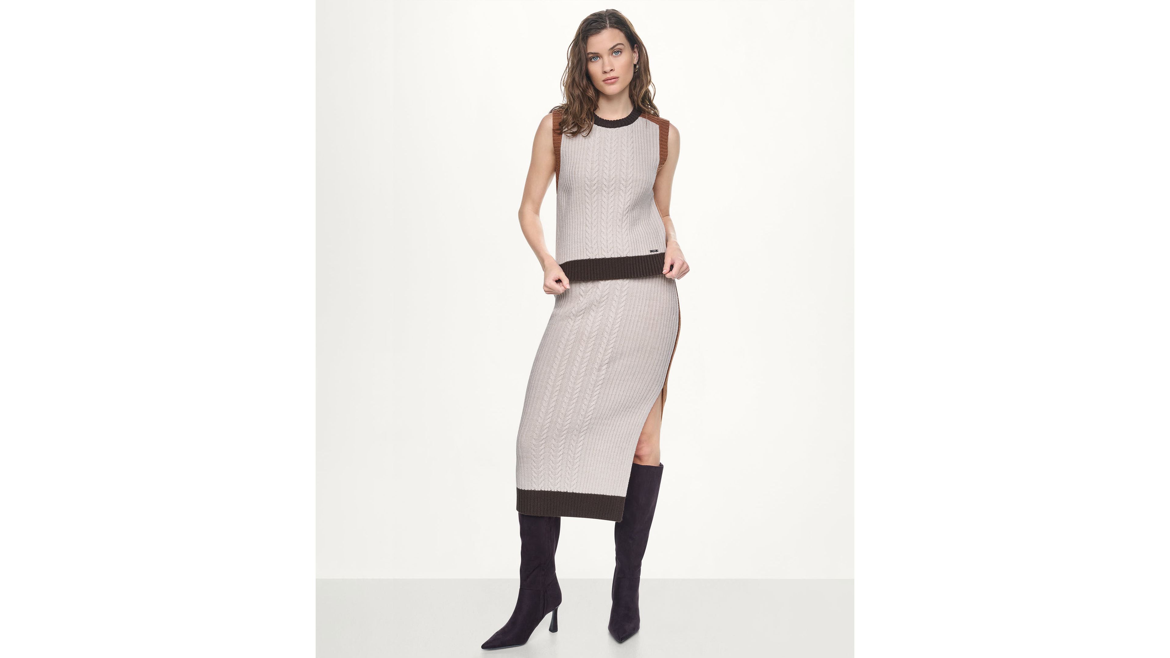 Dkny Jeans Womens Color Block Cable Knit Crewneck Sweater Midi Pencil Skirt