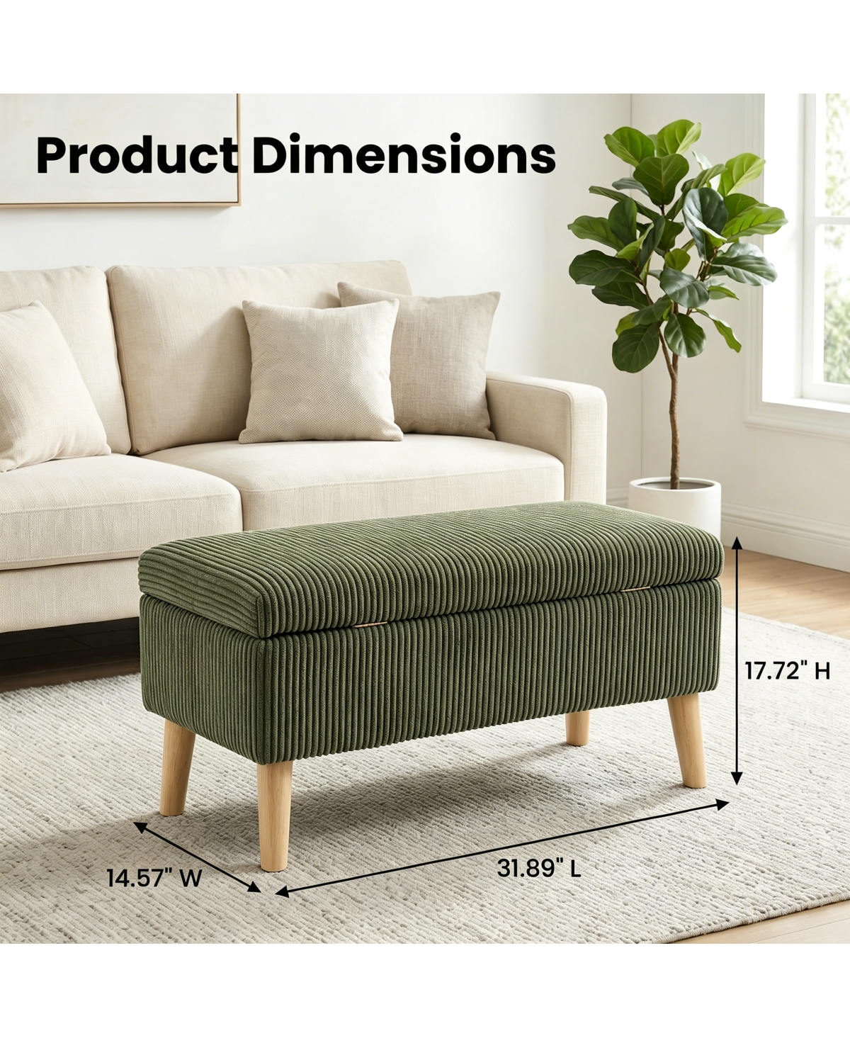 Streamdale Furniture 32" Corduroy Storage Ottoman Bench with Wooden Legs