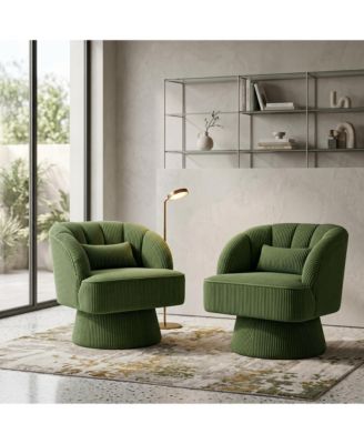 360degree(s) Swivel Barrel Chair Set of 2, Ultra-Plush Corduroy Seat with Cloud-Like Padding and Striped Backrest, Round Armchair