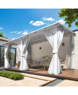 16' x 10'Wall Mounted Hardtop Gazebo Lean to Metal Pergola with Curtains Netting Patio
