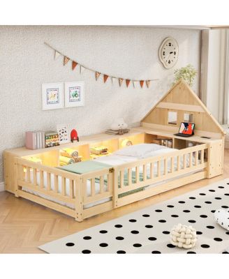 Twin Wood House Floor Bed with Storage, LED, USB and Outlets