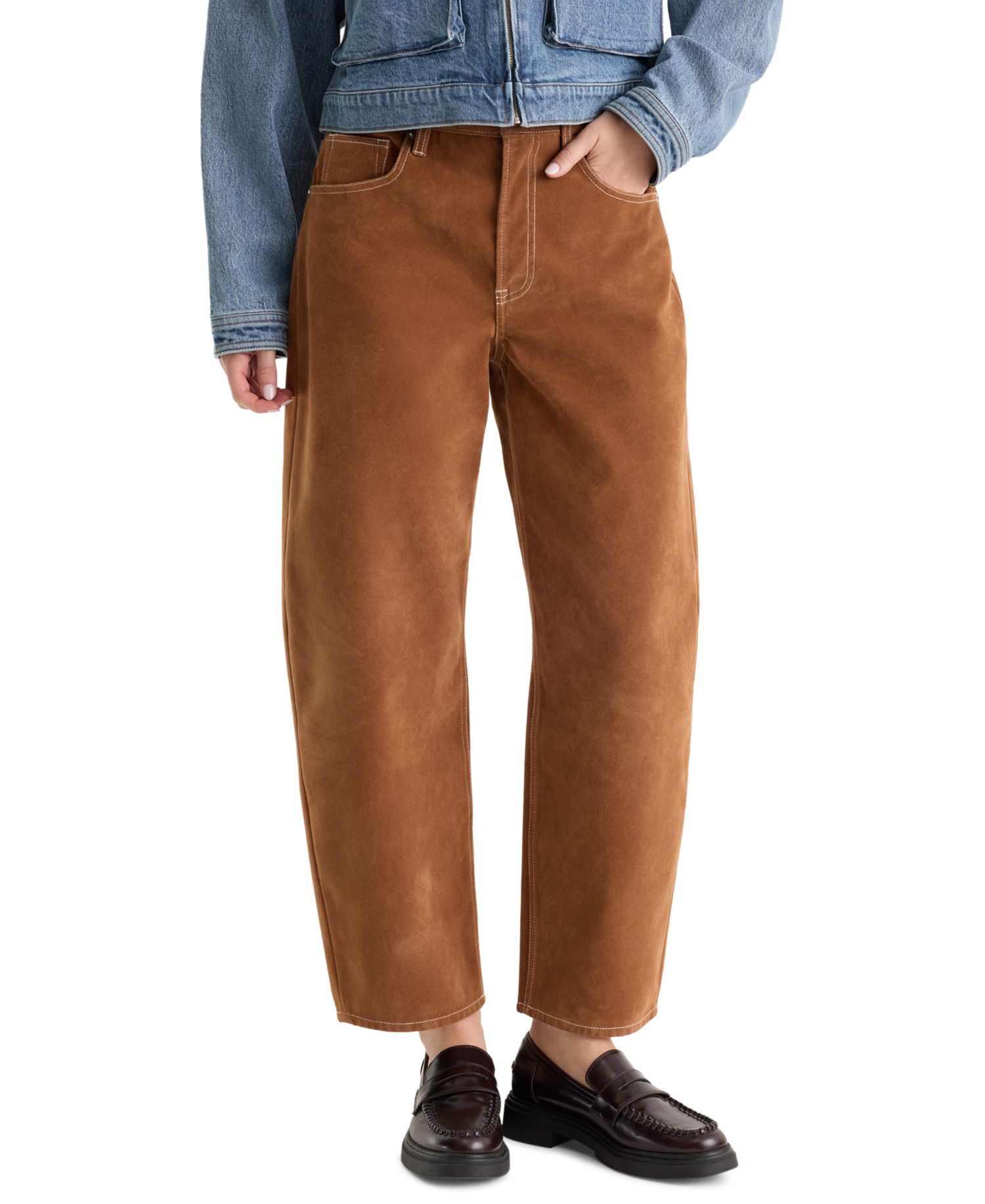 Women's Faux Suede Mid-Rise Barrel-Leg Ankle Jeans