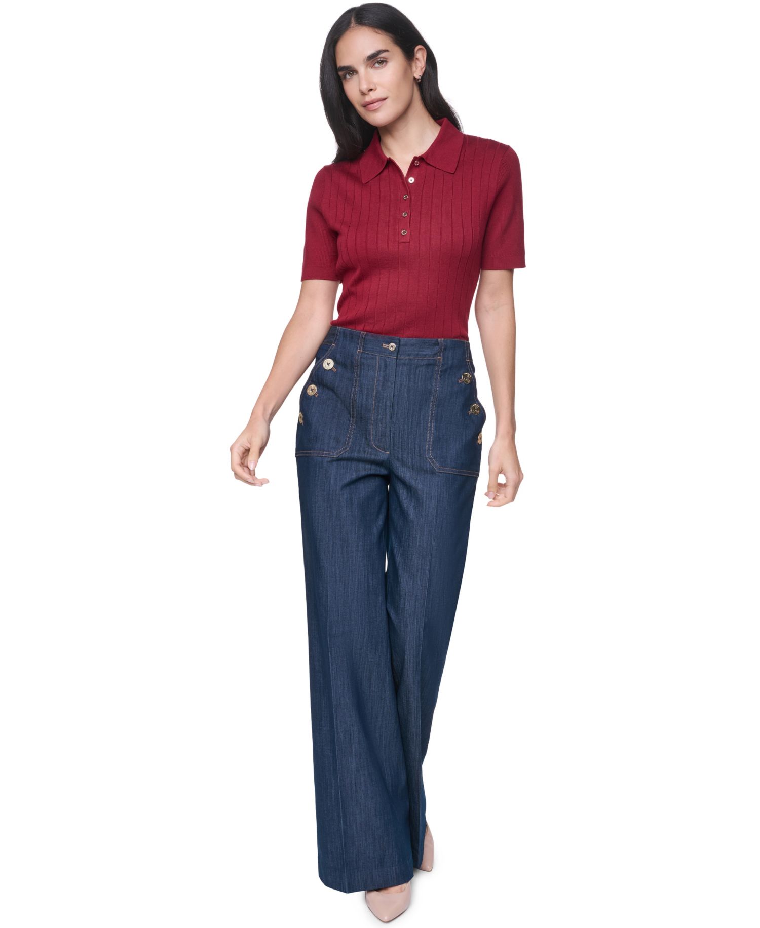 Women's Short-Sleeve Polo Ribbed Sweater