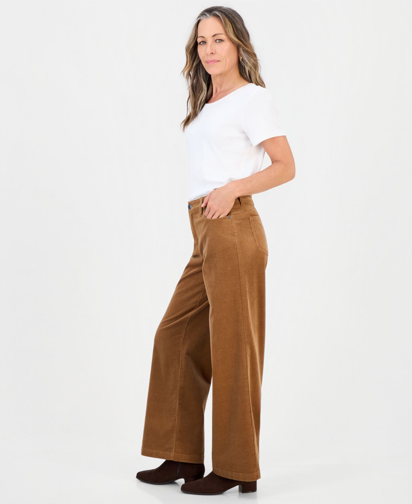 Женские брюки Style & Co Petite Corduroy High-Waisted Wide-Leg Pants, Macy's Exclusive, цвет: Beechwood — фото 3