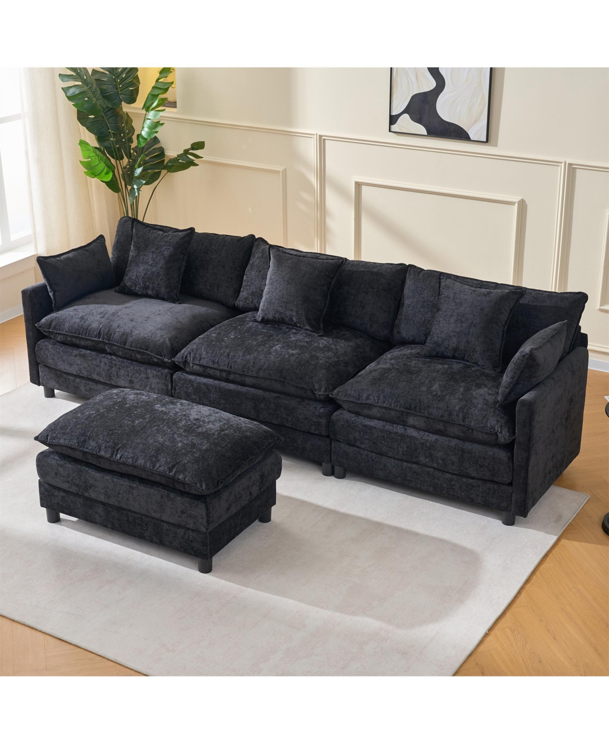 Clihome 108" L-Shaped Modular Chenille Sofa with Ottoman, 3 Seat Couch Pillows