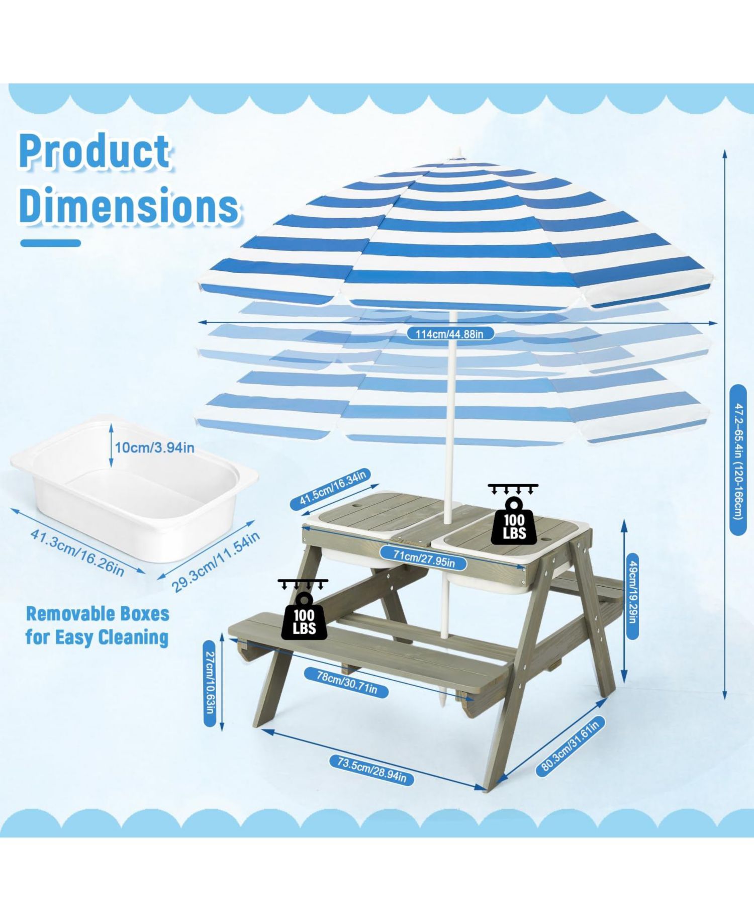 4 in 1 Kids Sand and Water Table, Wooden Sensory Activity Table with Removable Umbrella for Toddlers