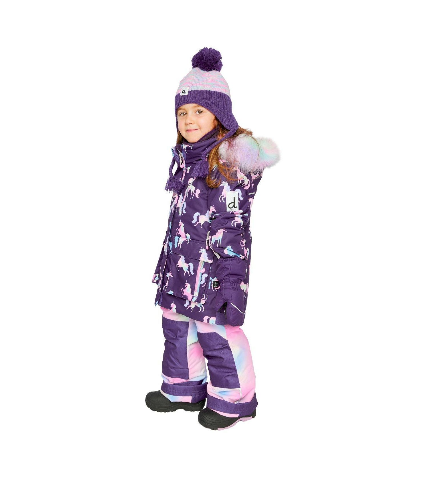 Little and Big Girl 6- 14 Two Piece Play Snowsuit Purple Unicorn Print with Multicolored Pants