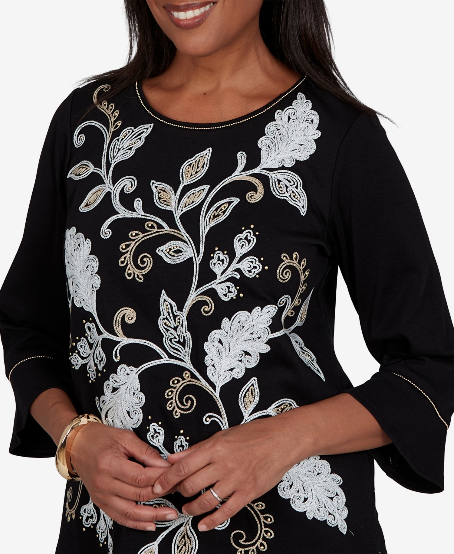 Women's Travel Advisory Scroll Leaf Embroidered Top