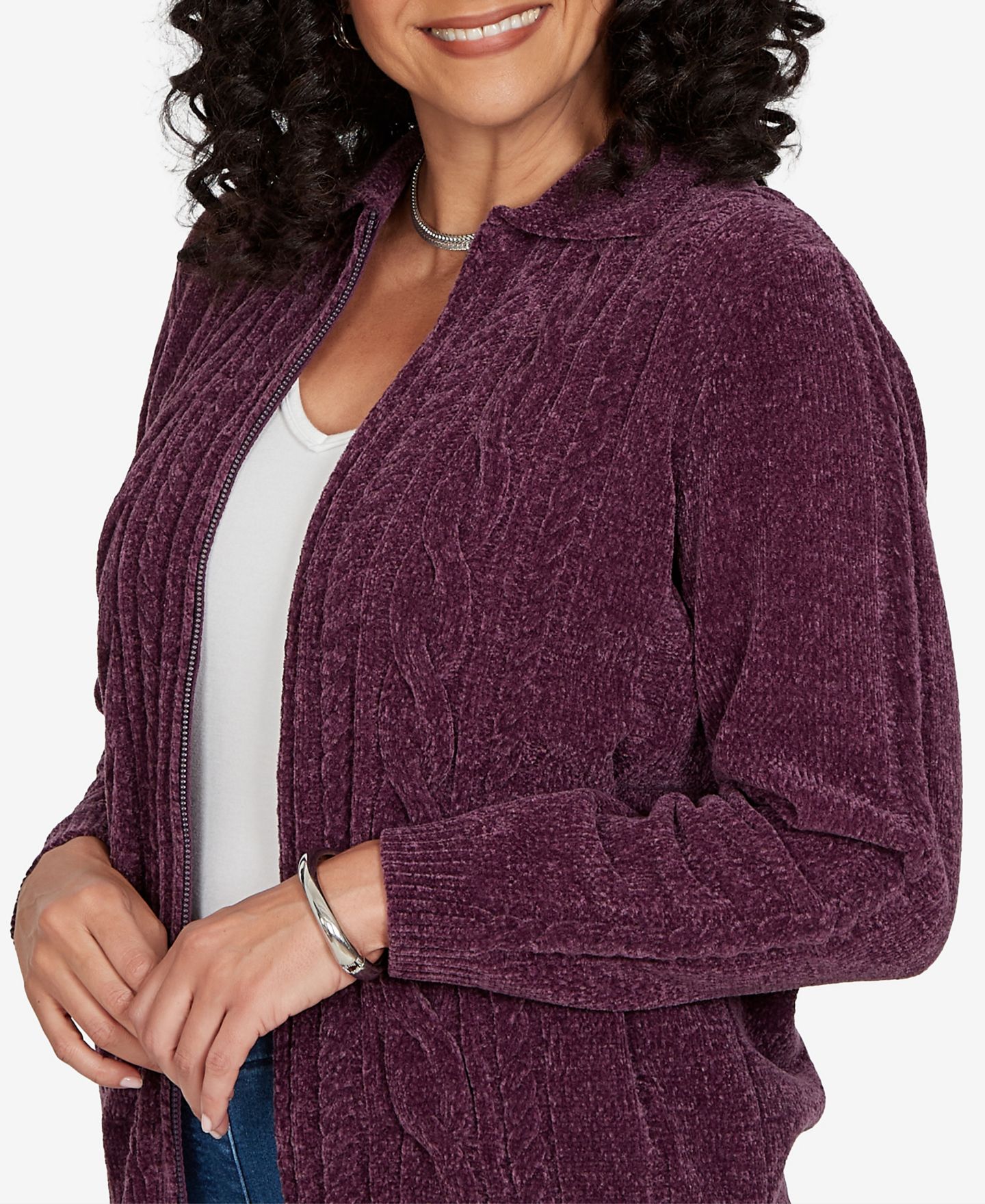 Женский кардиган Alfred Dunner Classic Cable Chenille Zip Cardigan, цвет: Amthyst — фото 4