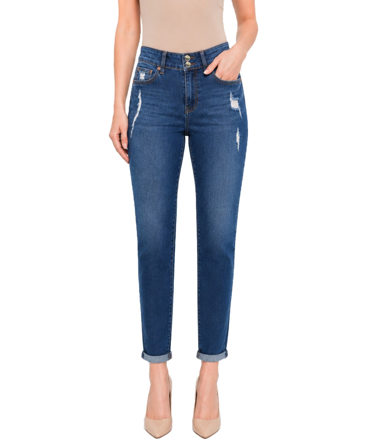 Women's Two Button Tummy Tuck High Rise Roll Cuff Skinny