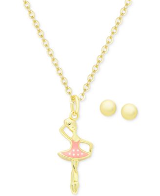 Macy's - Children's Ballerina Pendant Necklace and Ball Stud Earrings Set in 18k Gold-Plated Sterling Silver
