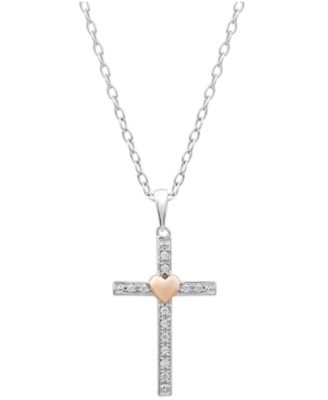 Diamond Two-Tone Cross Pendant Necklace (1/10 ct. t.w.) in Sterling Silver with 18k Rose Gold-Plated Sterling Silver Accent