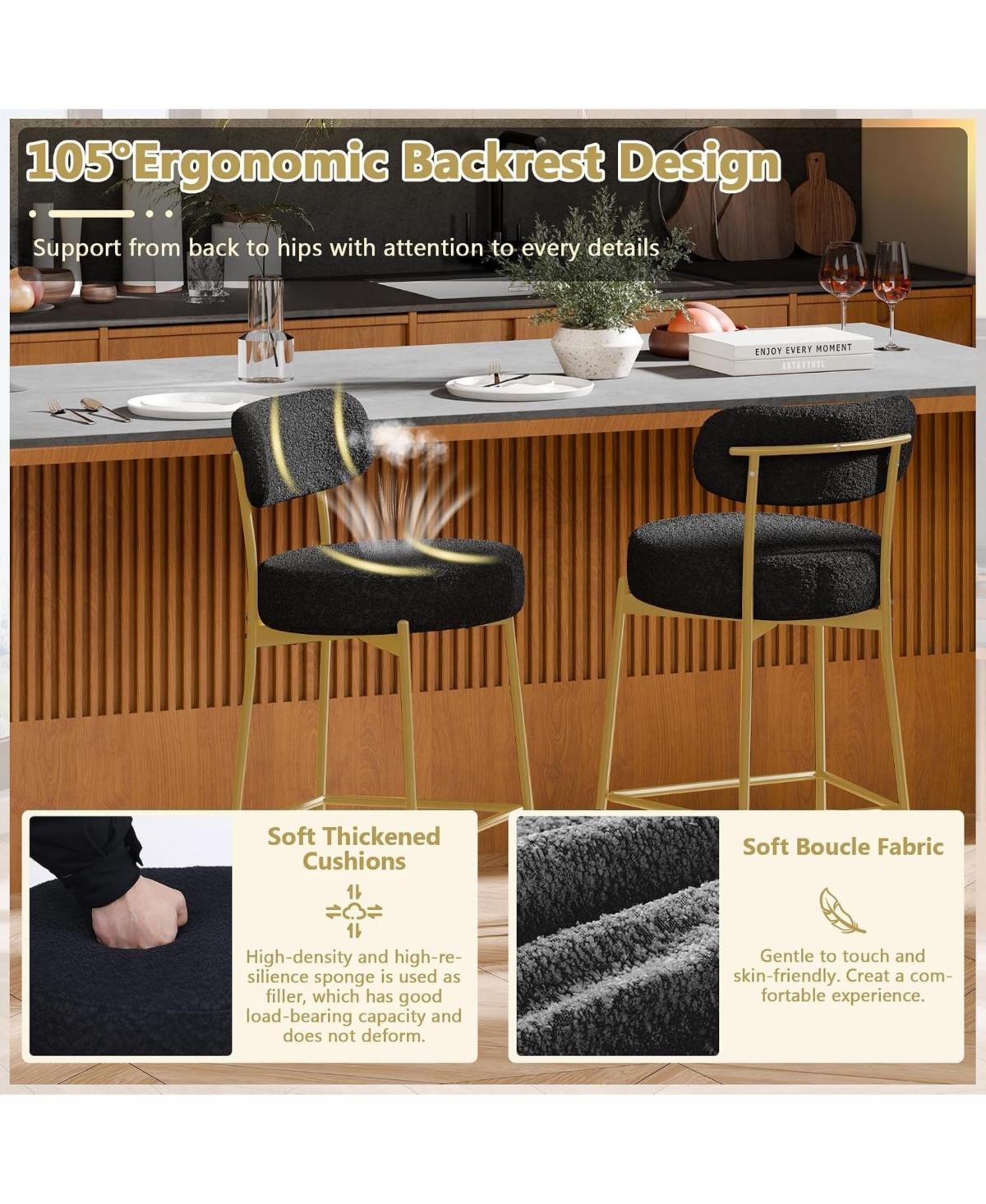 Dyhome 28" Bar Stools Set of 3, Counter Height Chairs with Backrest and Footrest, Gold Metal