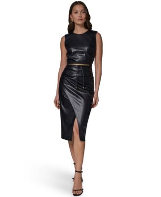 Sleeveless Faux Leather Side-Ruched Midi Dress with Lariat Belt