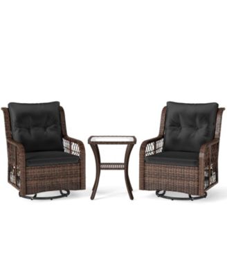 3 Pieces Patio Furniture Set PE Wicker Swivel Glider Chairs with 2-Tier Side Table and Cushions
