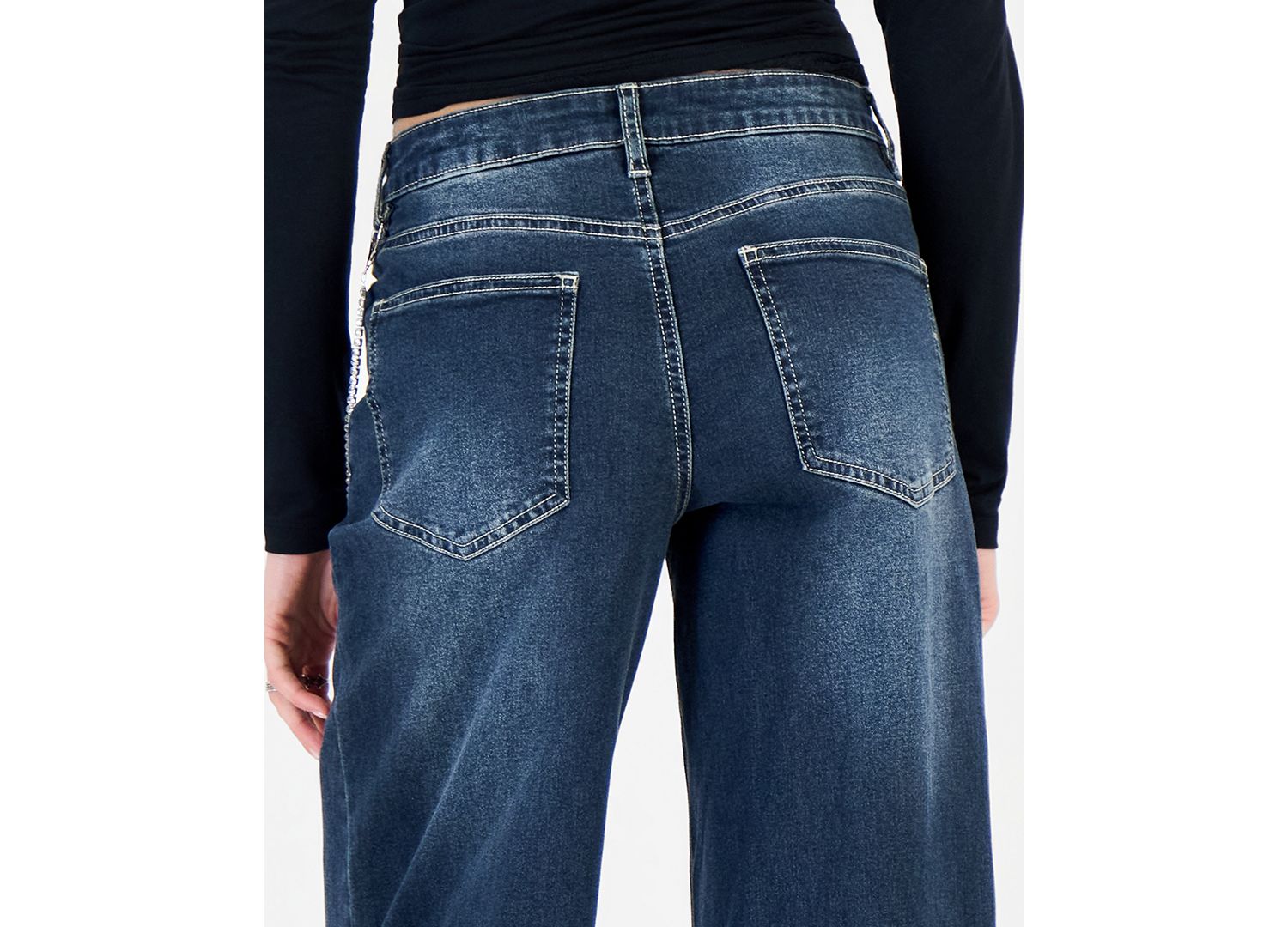 Juniors' 90s Wide Leg Rhinestone-Chain High-Waisted Cotton-Blend Jeans