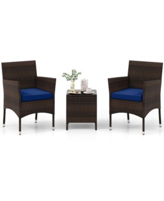 3 Pieces Outdoor Conversation Set with Cushioned Seat and Glass Tabletop